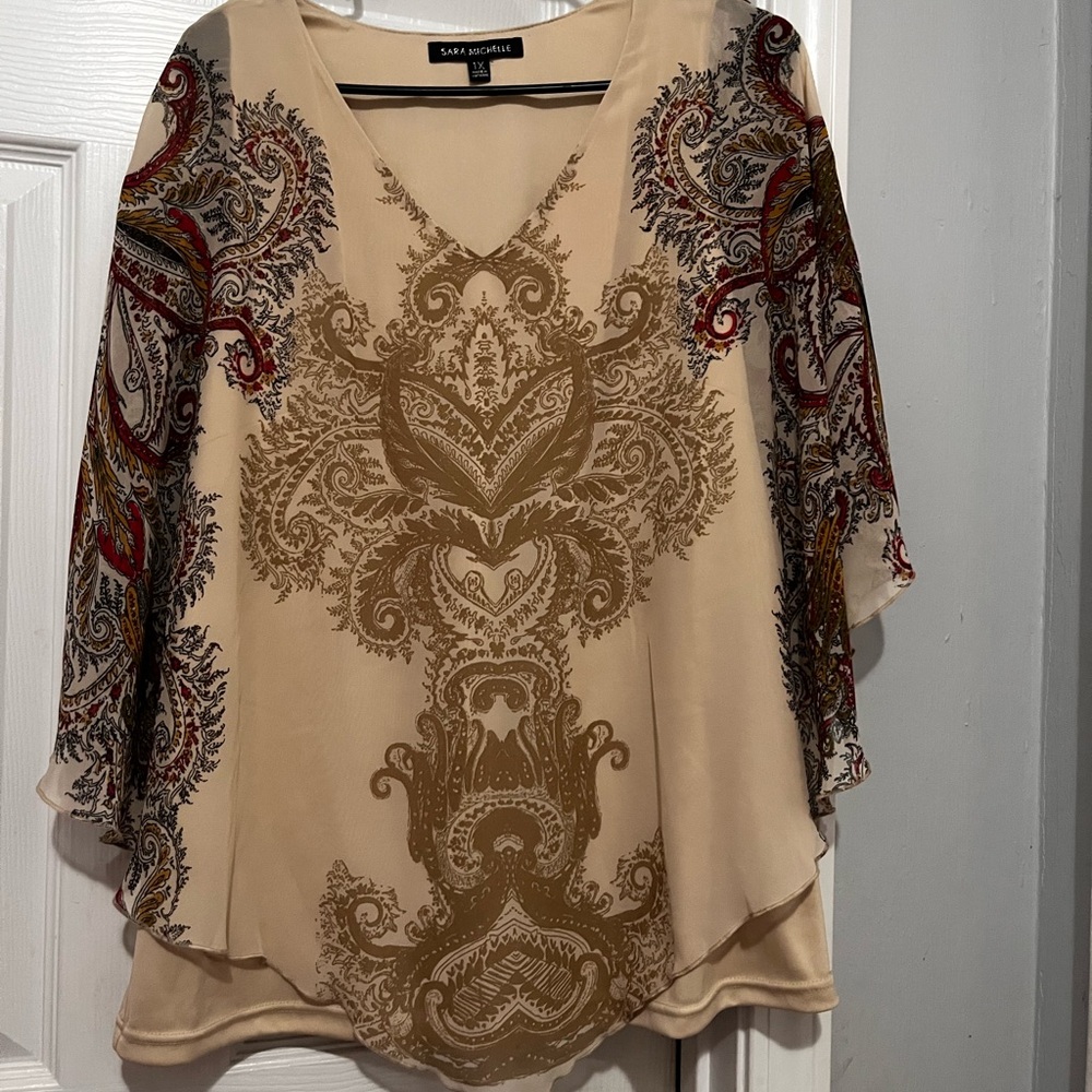 Sara Michelle Beige Paisley V-Neck Blouse with Multicolor Accents